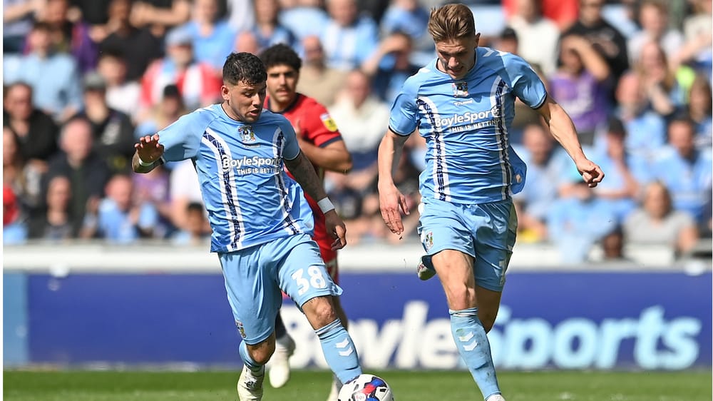 Coventry City midfielder Gustavo Hamer (38) sprints forward with the ball supported by Coventry City forward Viktor Gyokeres (17)  during the EFL Sky Bet Championship match between Coventry City and Birmingham City at the Coventry Building Society Arena, Coventry, England on 29 April 2023.