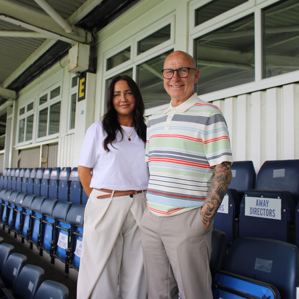 Brian Honour and Hartlepool United Commercial & Operations Director Rose Stoker at Victoria Park following Honour's appointment as Matchday Ambassador.