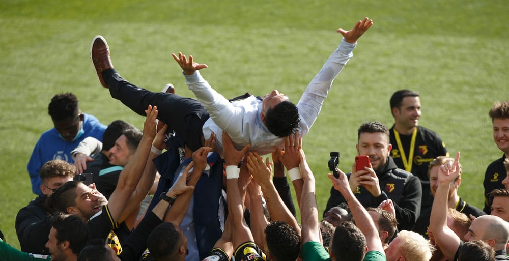 Watford FC Season 2020-21   Championship
Watford v Millwall    
Pic Alan Cozzi / Andrew Scott    24/04/2021          
Xisco Munoz head coach of Watford with his players lifted off his feet