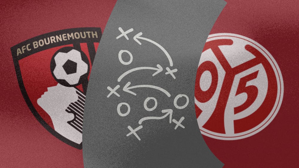 A graphic showcasing the badges AFC Bournemouth and FSV Mainz 05.