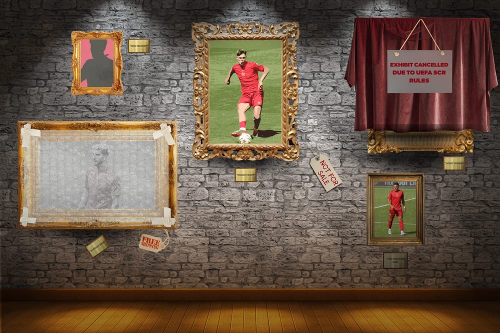 A graphic showcasing various AFC Bournemouth players as artworks at a painting gallery.