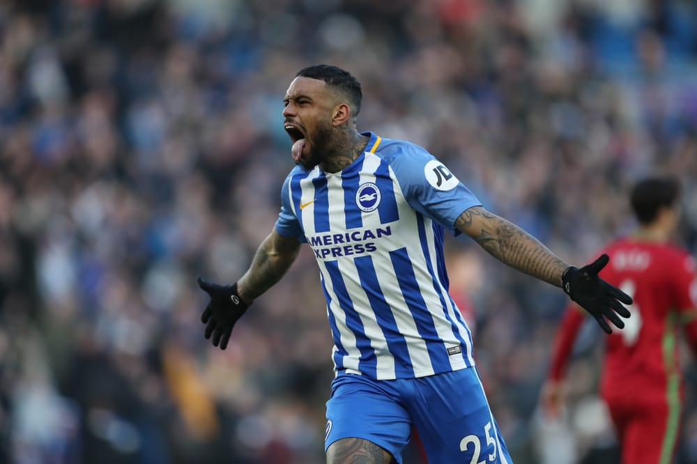 Jurgen Locadia scores a goal to make it 4-1 to Brighton and celebrates