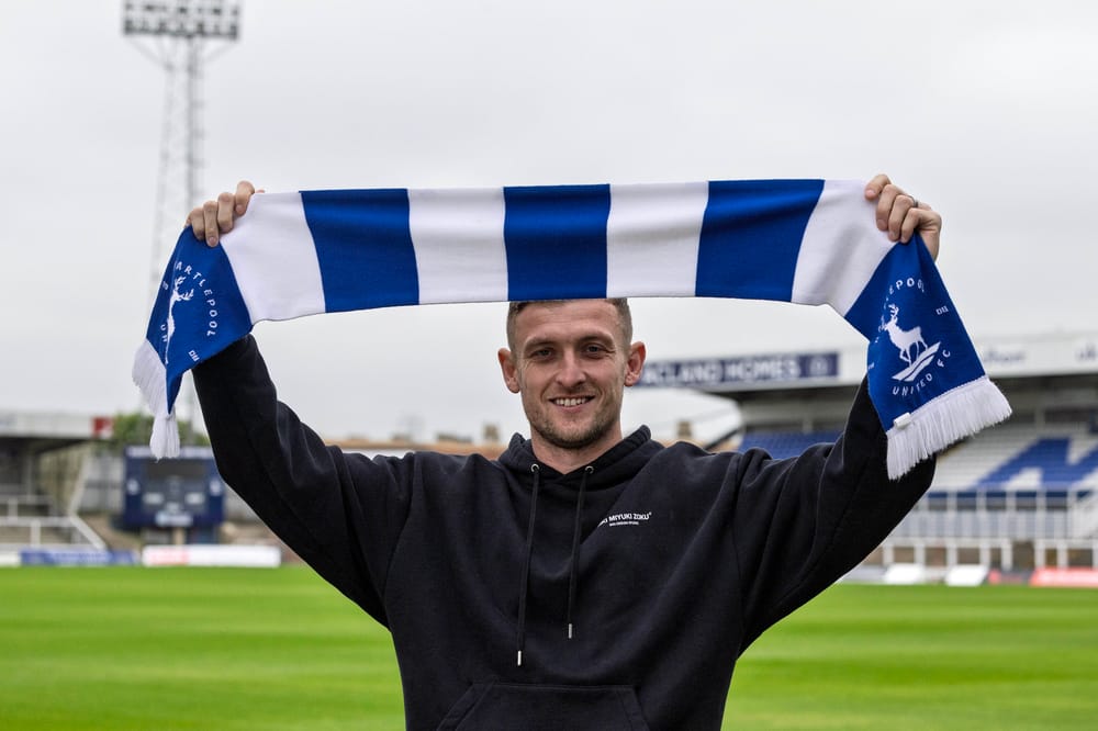 Adam Smith at the Prestige Group Stadium after agreeing terms on a new deal with Hartlepool United ahead of the 2026/27 season.