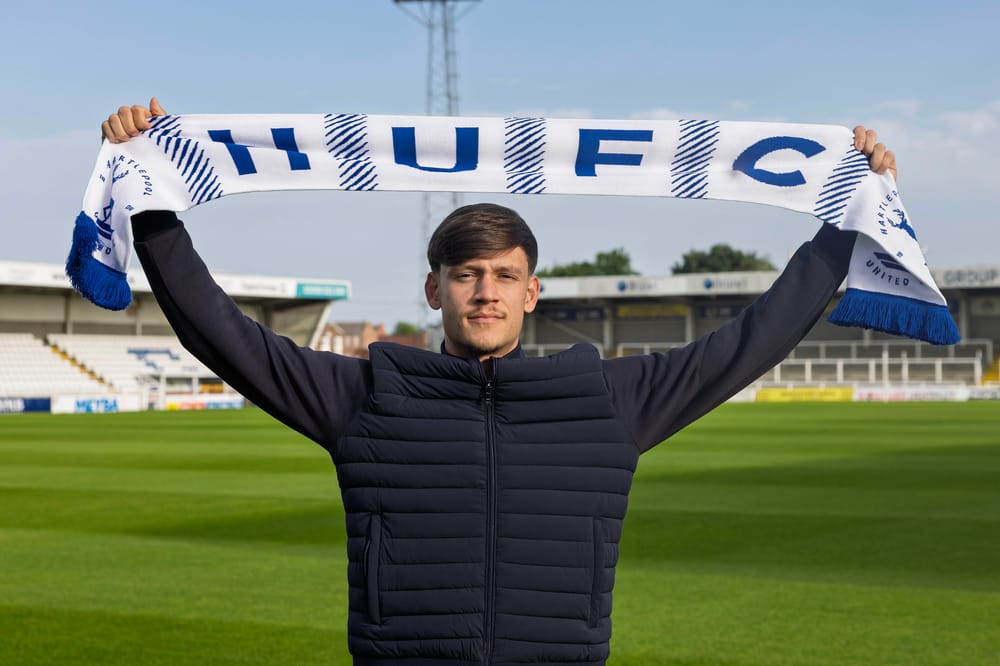 Chris Popov at Victoria Park after completing his move to Hartlepool United from Leicester City.