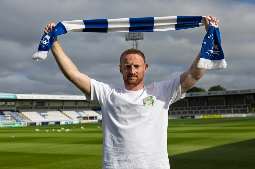 Liam Gibson at Victoria Park following the completion of his move to Hartlepool United.