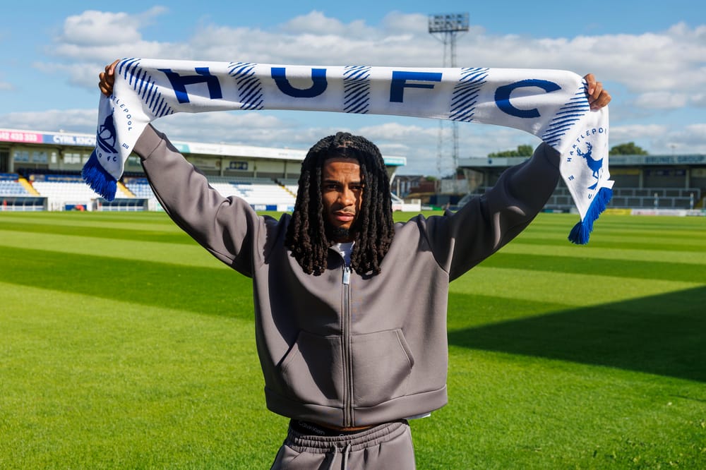 Neo Eccleston at Victoria Park after completing his move to Hartlepool United ahead of the 2026/27 season.