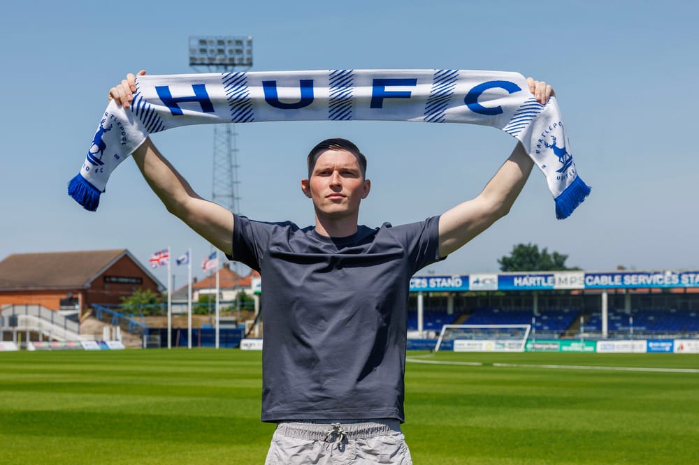 Will Harris at Victoria Park after agreeing a two-year contract with Hartlepool United.