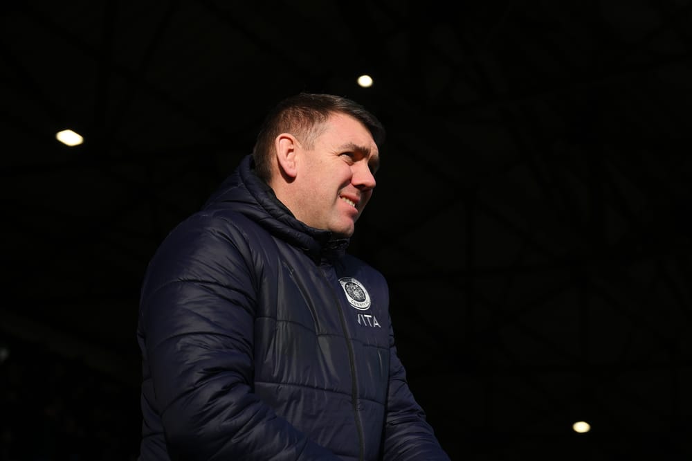 STOCKPORT, ENGLAND - MARCH 01: Dave Challinor, manager of Stockport County, looks on during the Sky Bet League One match between Stockport County FC and Blackpool FC at Edgeley Park on March 01, 2025 in Stockport, England. (Photo by Ben Roberts Photo/Getty Images)