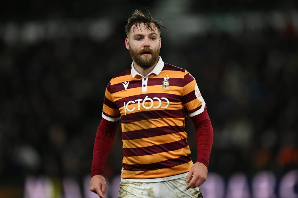 DERBY, ENGLAND - JANUARY 09: Harry Chapman of Bradford during the Bristol Street Motors Trophy match between Derby County and Bradford City at Pride Park on January 09, 2024 in Derby, England. (Photo by Gareth Copley/Getty Images)
