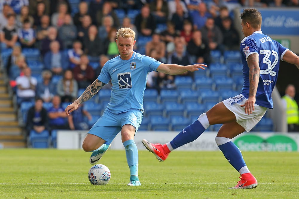 Coventry City defender Jack Grimmer clears the ball during the EFL Sky Bet League 2 match between Chesterfield and Coventry City at the Proact stadium, Chesterfield, England on 2 September 2017. Photo by Aaron  Lupton.