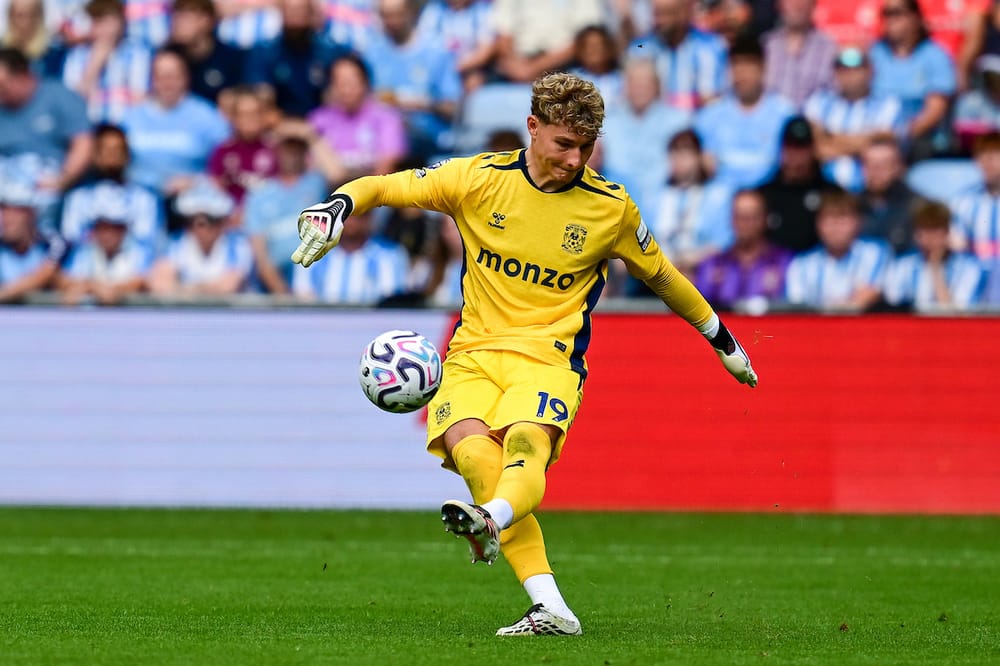 Coventry City goalkeeper Carl Rushworth (19) kicks the ball during the Premier League match between Coventry City and Brighton and Hove Albion at the Coventry Building Society Arena, Coventry, UK on 13 September 2026.