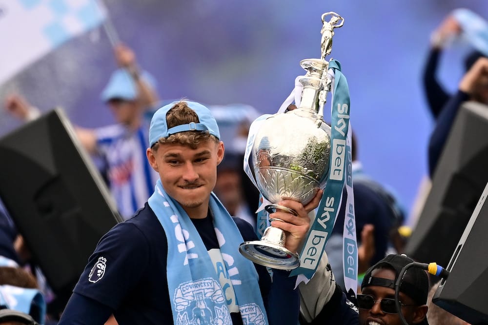 Coventry City goalkeeper (on loan from Brighton and Hove Albion) Carl Rushworth (19) holding the Championship trophy during the Promotion Parade for Coventry City at the Coventry Building Society Arena, Coventry, UK on 4 May 2026.