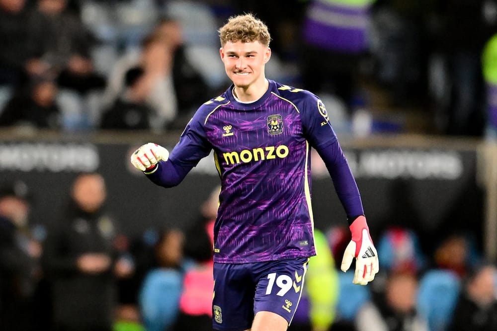 Coventry City goalkeeper (on loan from Brighton and Hove Albion) Carl Rushworth (19) celebrates an assist for Coventry City forward Haji Wright (11)  goal during the EFL Sky Bet Championship match between Coventry City and Middlesbrough at the Coventry Building Society Arena, Coventry, UK on 16 February 2026.