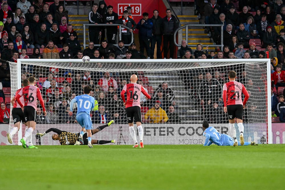 Haji Wright (11) of Coventry City hits the bar with his penalty kick during the EFL Sky Bet Championship match between Southampton and Coventry City at the St Mary's Stadium, Southampton, England on 9 April 2024.
