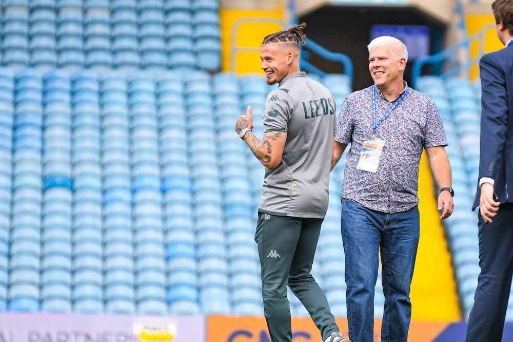 Leeds United midfielder Kalvin Phillips (23) and Bryn Law before the EFL Cup match between Leeds United and Stoke City at Elland Road, Leeds, England on 27 August 2019.
