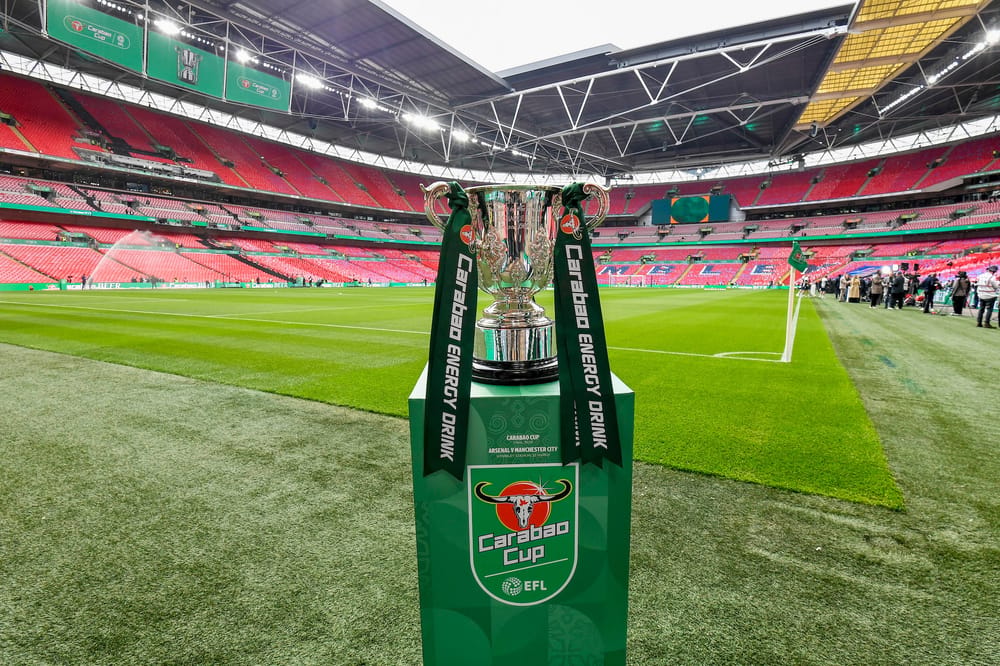 General view inside Wembley Stadium with the Carabao Cup trophy ahead of the EFL Cup match between Arsenal and Manchester City at Wembley Stadium, London, UK on 22 March 2026.