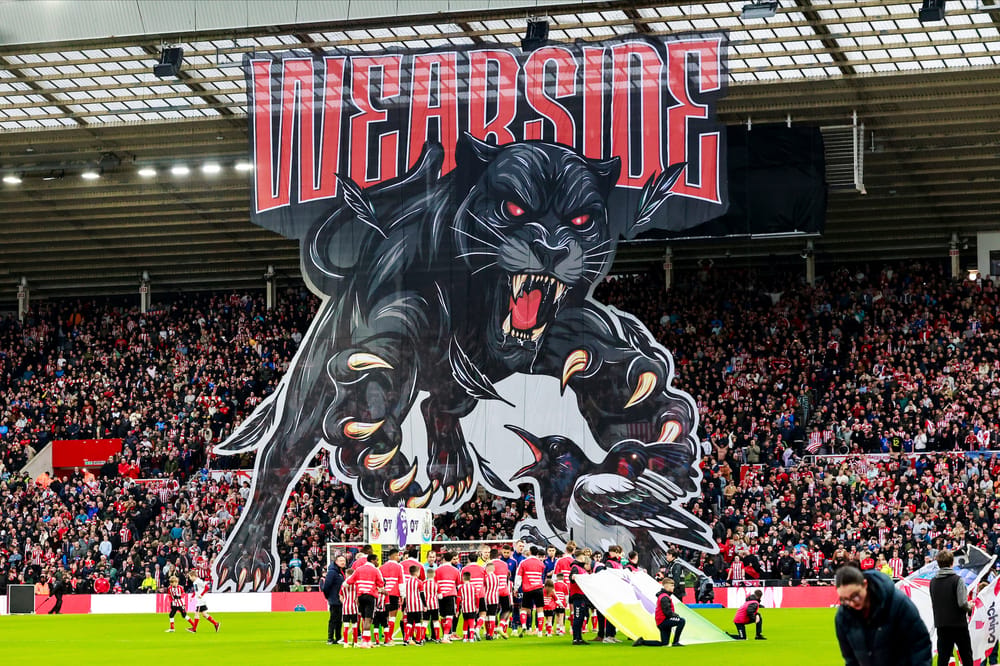 Sunderland fans display during the Premier League match between Sunderland and Newcastle United at the Stadium Of Light, Sunderland, England on 14 December 2025.