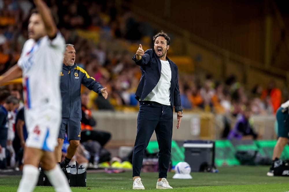 Wolverhampton Wanderers Head Coach Cesar Peixoto gestures during the EFL Sky Bet Championship match between Wolverhampton Wanderers and Blackburn Rovers at Molineux, Wolverhampton, UK on 14 August 2026.