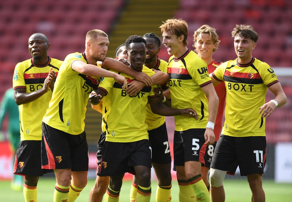 Watford FC Season 2026-27      06/08/2026
Pic  Alan Cozzi Archive           
Watford v Crawley Town Carabao Cup Rd 1
Marc Bola of Watford celebrates his 99th minute winner 1-0