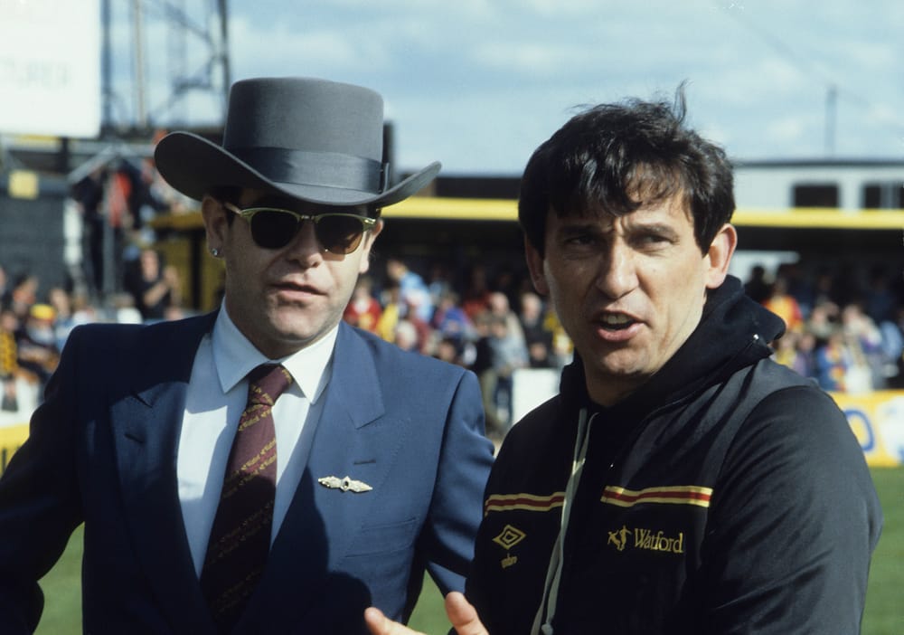 Watford FC Archive Season 1982-83
Watford v Liverpool  14/5/1983
Pic Alan Cozzi 
Watford's Elton John and Graham Taylor as Hornets finish runners up