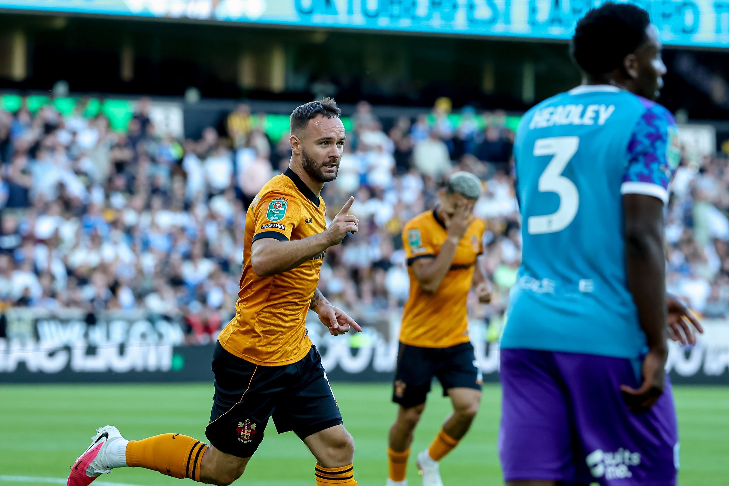 GOAL scores 1-0 Wolverhampton Wanderers forward Adam Armstrong (10) scores and celebrates during the EFL Carabao Cup match between Wolverhampton Wanderers and Port Vale at Molineux, Wolverhampton, UK on 8 August 2026.
